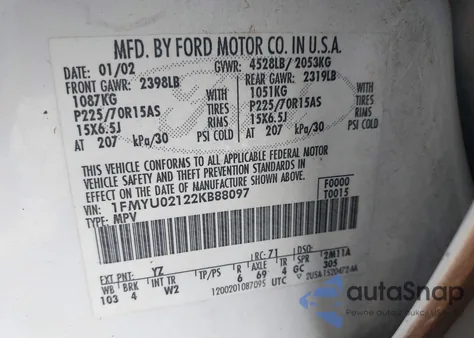 2002 Ford Escape Xls z USA, uszkodzony, nr VIN 1FMYU02122KB88097